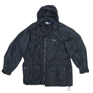 Vtg Polo Ralph Lauren Black Nylon Moto Utility Jacket Men XL Packable Hood Zip